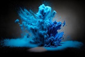 Explosion von Blau Farbe Farbe Pulver auf schwarz Hintergrund. neural Netzwerk generiert Kunst foto