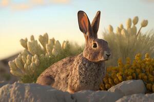 süß braun Hase, Lepus Europaeus, Springen näher auf Gras im Frühling Natur. jung braun Hase Kommen nach vorne im Grün Wildnis. neural Netzwerk ai generiert foto