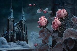 Winter gotisch Schloss mit Rosen. neural Netzwerk ai generiert foto