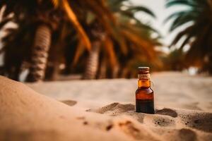 ein Flasche von Parfüm auf das Strand ist umhüllt im ein Welle. Gelb Sand auf das Strand, Marine Kosmetika und Duft. neural Netzwerk ai generiert foto