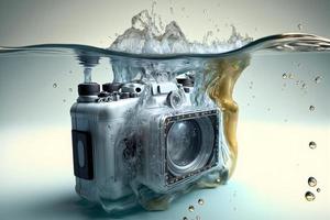 modern slr Fotoapparat fallen unter Wasser mit Wasser Spritzer. neural Netzwerk generiert Kunst foto