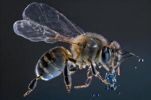 Honig Biene mit Wasser Tropfen Nahansicht. neural Netzwerk ai generiert foto