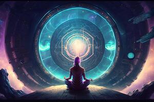 Yoga Meditation im Lotus Pose mit Aura spirituell. neural Netzwerk ai generiert foto