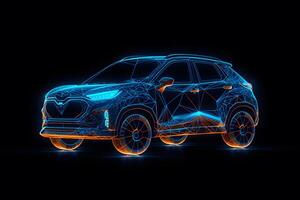 Auto von das Zukunft Hologramm Neon- auf ein schwarz Hintergrund. neural Netzwerk ai generiert foto