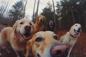 süß Beagle suchen beim das Kamera während nehmen ein Selfie mit Ein weiterer Beagle und ein Mops. neural Netzwerk ai generiert foto