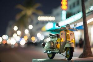 Roller Moped beim Ozean Fahrt Miami Strand beim Nacht mit Neon- Beleuchtung von Hotels. neural Netzwerk ai generiert foto