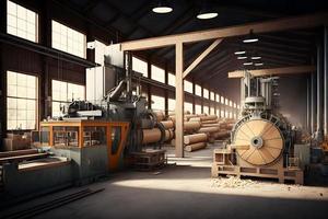 Holzbearbeitung Sägewerk Produktion und wird bearbeitet von hölzern Bretter im ein modern industriell Fabrik Versammlung Linie im Produktion. neural Netzwerk generiert Kunst foto