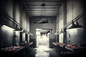 ein Menge von Hälfte Kuh Brocken frisch hing und vereinbart worden im ein groß Kühlschrank im das Schlachthof Kühlschrank Fleisch Industrie. neural Netzwerk generiert Kunst foto