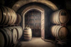 alt hölzern Fässer mit Wein im ein Wein Gewölbe Keller. neural Netzwerk generiert Kunst foto