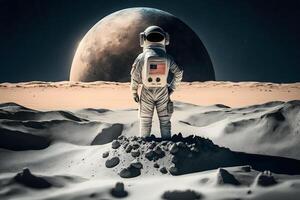 mutig Astronaut beim das Weltraumspaziergang auf das Mond. neural Netzwerk ai generiert foto