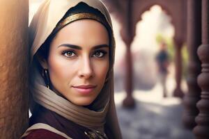 Porträt von jung Muslim Frau tragen Hijab Kopf. neural Netzwerk ai generiert foto