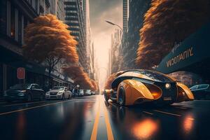 futuristisch elektrisch Auto, Taxi von das Zukunft. neural Netzwerk ai generiert foto