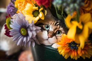 Porträt von ein Tabby Katze im Gras und Blumen. neural Netzwerk ai generiert foto