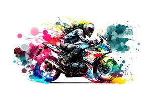 Aufkleber von Biker auf Sport Motorrad im Aquarell Stil auf Weiß Hintergrund. neural Netzwerk generiert Kunst foto