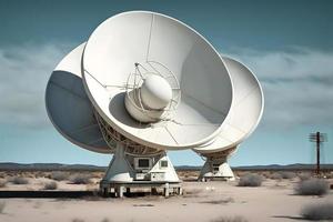 Gruppe von Radio Teleskop Satellit Teller. vla sehr groß Array im sandig Bereich. neural Netzwerk generiert Kunst foto