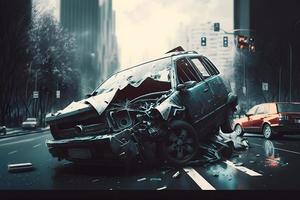 Auto Unfall Konzept mit Auto Kollision auf Stadt Autobahn Straße. neural Netzwerk generiert Kunst foto