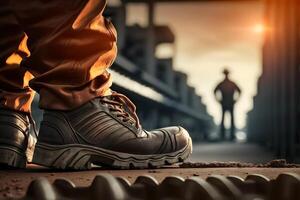 Nahansicht Sicherheit Arbeiten Schuh auf ein Arbeiter Füße ist Stehen beim das Fabrik. neural Netzwerk ai generiert foto