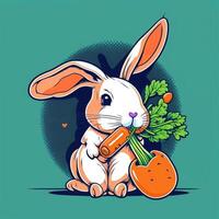 süß Hase beißen Karotte Karikatur. Symbol Illustration. Tier Natur Symbol Konzept isoliert . eben Karikatur Stil. generativ ai foto