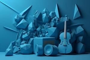 3d Illustration von ein Mauer mit ein Blau Musical Instrument. ai generiert foto