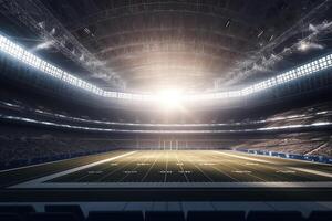 3d machen von amerikanisch Fußball Stadion im Licht Strahlen. ai generiert foto