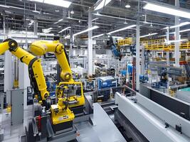 modern hoch Technik industriell Roboter Arm auf das Fabrik Produktion Linie Produktion Linie ist Sein geschweißt. generativ ai. foto