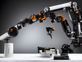 modern hoch Technik industriell Roboter Arm auf das Fabrik Produktion Linie Produktion Linie ist Sein geschweißt. generativ ai. foto