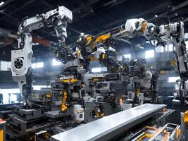 modern hoch Technik industriell Roboter Arm auf das Fabrik Produktion Linie Produktion Linie ist Sein geschweißt. generativ ai. foto