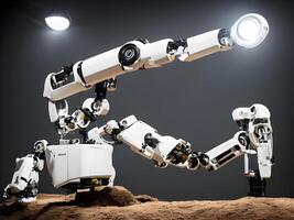 modern hoch Technik industriell Roboter Arm auf das Fabrik Produktion Linie Produktion Linie ist Sein geschweißt. generativ ai. foto