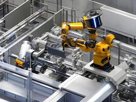 modern hoch Technik industriell Roboter Arm auf das Fabrik Produktion Linie Produktion Linie ist Sein geschweißt. generativ ai. foto