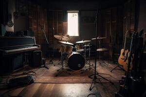 Bühne Instrumente im ein Musik- Aufzeichnung Studio. ai generiert foto
