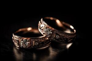 Hochzeit Ringe isoliert auf dunkel Hintergrund. ai generiert foto