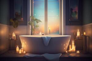 modern Badezimmer Design mit Abend Kerzen und fotorealistisch illustriert Hintergrund ai generiert foto