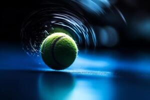 Tennis Ball im Bewegung verwischen auf Blau Gericht. ai generiert foto