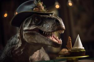 Geburtstag Party Porträt von t rex mit Hut und Kuchen ai generiert foto