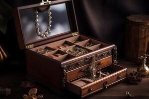 Jahrgang Luxus hölzern Schmuck Box ai generiert foto