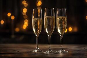drei Champagner Brille auf ein hölzern Tabelle mit ein Winter festlich Hintergrund. ai generiert foto