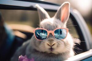 Ostern Hase im Auto tragen Sonnenbrille. ai generiert foto