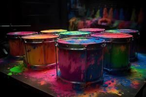 Regenbogen gemalt Schlagzeug explodieren mit Energie. ai generiert foto