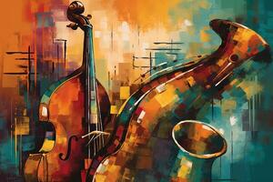 abstrakt Jazz Kunst mit Trompete Kontrabass Saxophon und Klavier. ai generiert foto