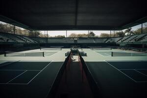 Spieler Perspektive auf ganz Tennis Gericht. ai generiert foto