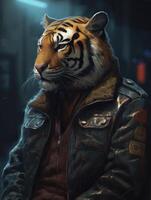 ein mollig stark Tiger Charakter Leben im das Cyberpunk Stadt generativ ai foto