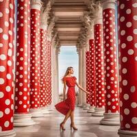 Mädchen im rot Polka Punkt Kleid mit hoch Stiefel tanzen posieren generativ ai foto