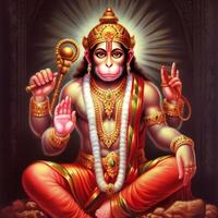 Hindu Gott Hanuman ebenfalls namens maruti und bajrang bali ist ein Hindu Gott und ein göttlich vanara Begleiter von das Gott Rama generativ ai foto