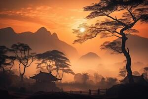 Sonnenuntergang Aussicht von schön asiatisch Landschaft generativ ai foto