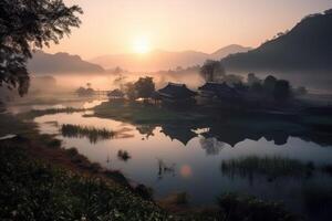 schön asiatisch Landschaft mit Fluss generativ ai foto