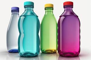 Illustration von farbig Wasser Flaschen, Weiß Hintergrund ai generiert foto