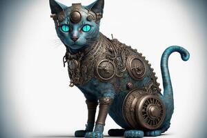 ein Türkis Steampunk Katze mit viele Getriebe suchen nach vorne, Weiß Hintergrund Illustration ai generiert foto