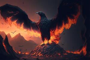 Verbrennung Lava Adler im ein Sieg Pose über ein flammend Felsen ai generiert foto