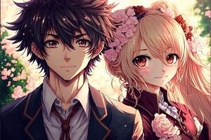 Illustration von ein jung Studenten Anime Paar auf Valentinstag Tag, Park im Hintergrund ai generiert foto