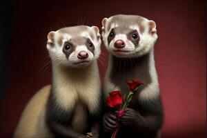 Illustration von zwei Frettchen im Liebe mit Blumen, Valentinstag Tag ai generiert foto